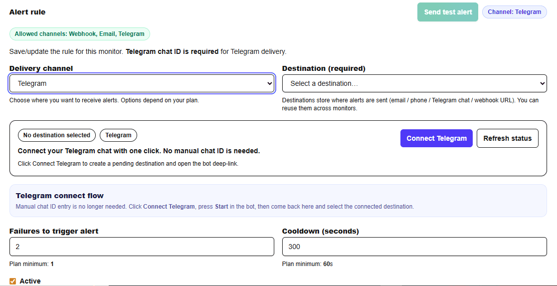 Watchtower alert rule section showing Telegram delivery channel and destination flow.