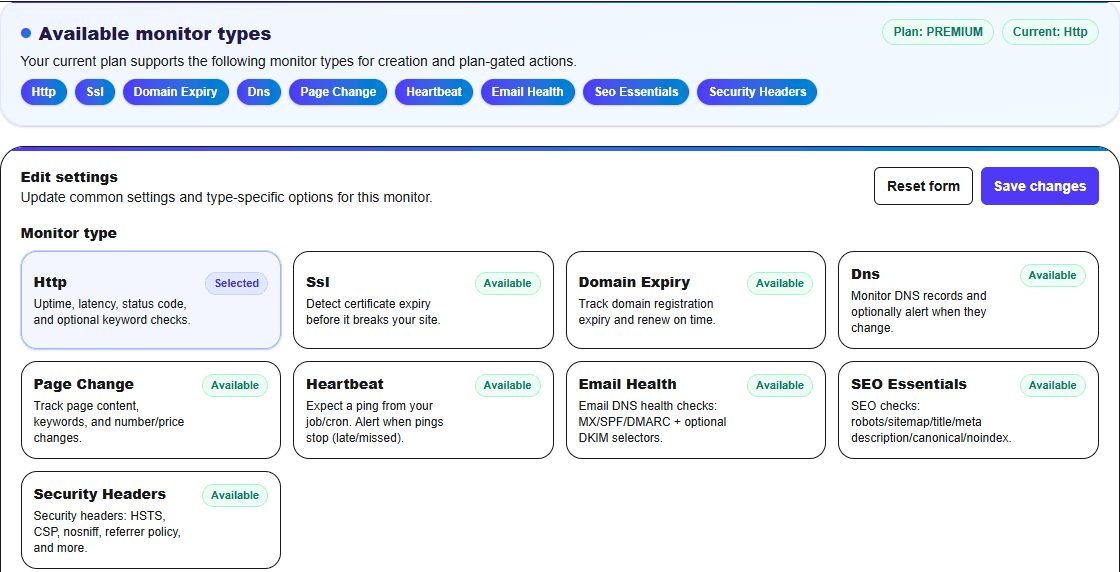 Watchtower monitor detail page showing available monitor types and monitor type selection cards.