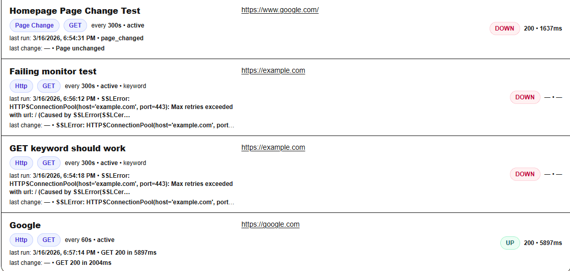 Watchtower monitors page showing multiple monitor types and mixed monitor states.