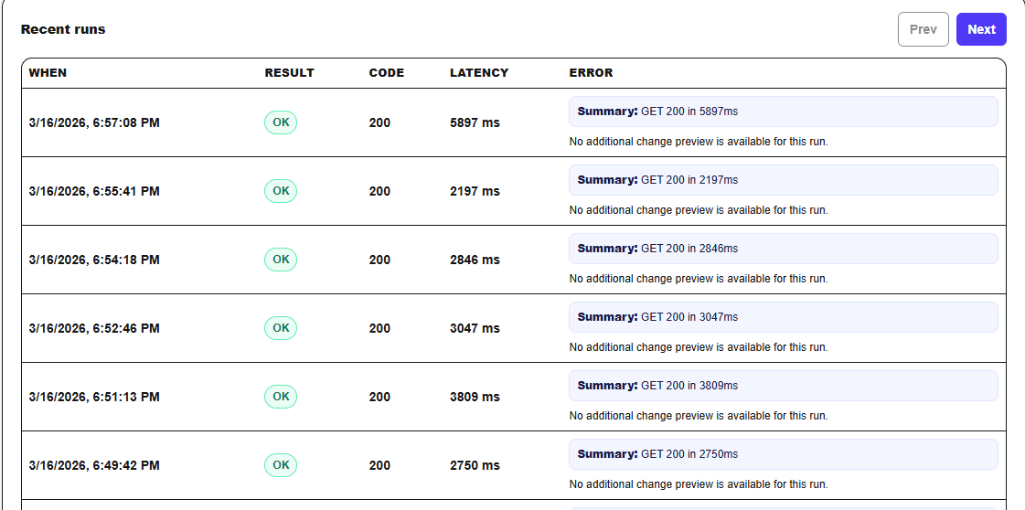 Watchtower recent runs table showing latency, result codes, and run summaries.