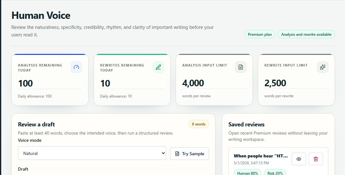 Watchtower Human Voice workspace with structured writing review, rewrite capacity, and saved reviews.