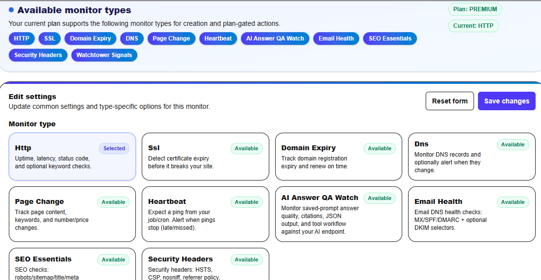 Watchtower monitor type selector showing website monitoring and AI visibility monitor options.