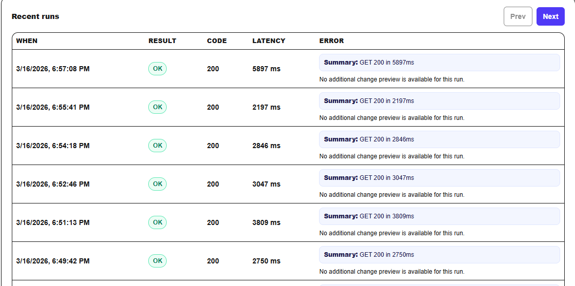 Watchtower recent runs table showing run timestamps, results, codes, latency, and summaries.